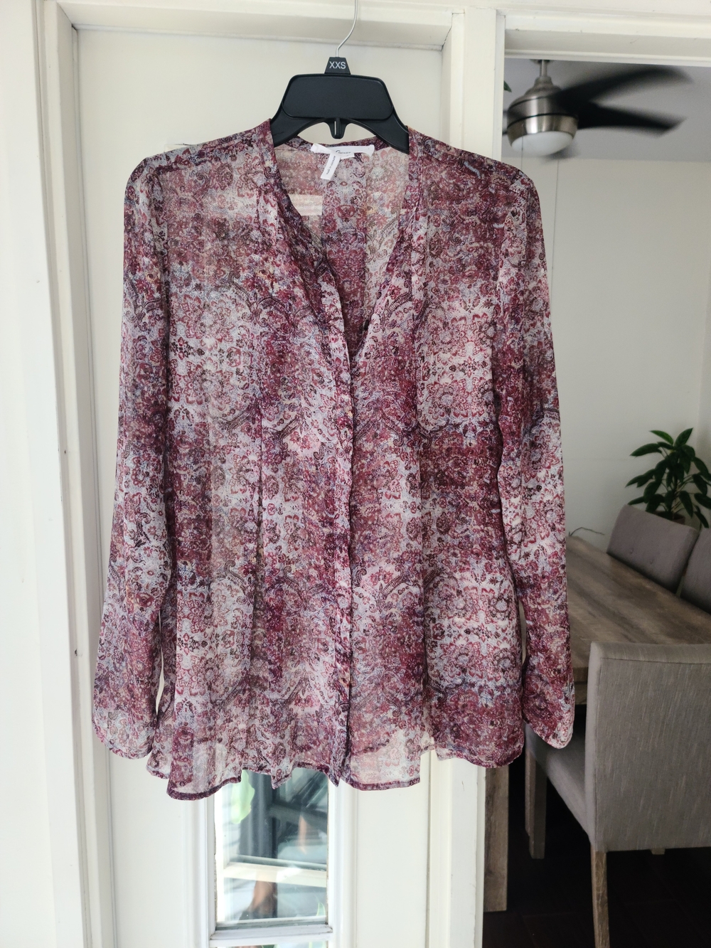 BCBGeneration Sheer Paisley V-Neck Blouse in Burgundy and White